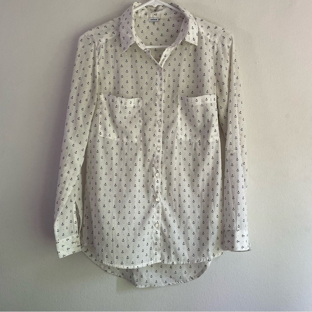 Pimkie white button up blouse anchor print long sleeve top